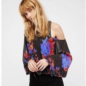 Free People Over Under Floral Lace Thong Bodysuit Small Black Multi Off Shoulder